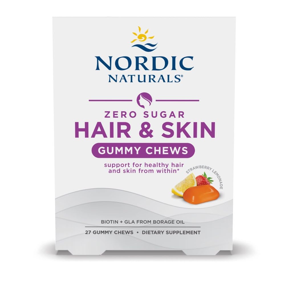 Nordic Naturals Zero Sugar Hair &amp; Skin Gummy Chews, Strawberry Lemonade - 27 Gummy Chews - Biotin + GLA de Borage Oil - Promueve un equilibrio saludable de grasas en la piel - Non-GMO - 27 Servings