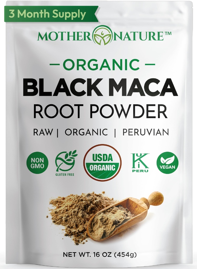 Orgánica, Cruda Peruana Negro Maca Root Powder - Premium USDA Certified, Ideal para Hombres &amp; Mujeres, Boost Workouts, Enhance Muscle Recovery, Non-GMO, Vegan Superfood, 16 oz