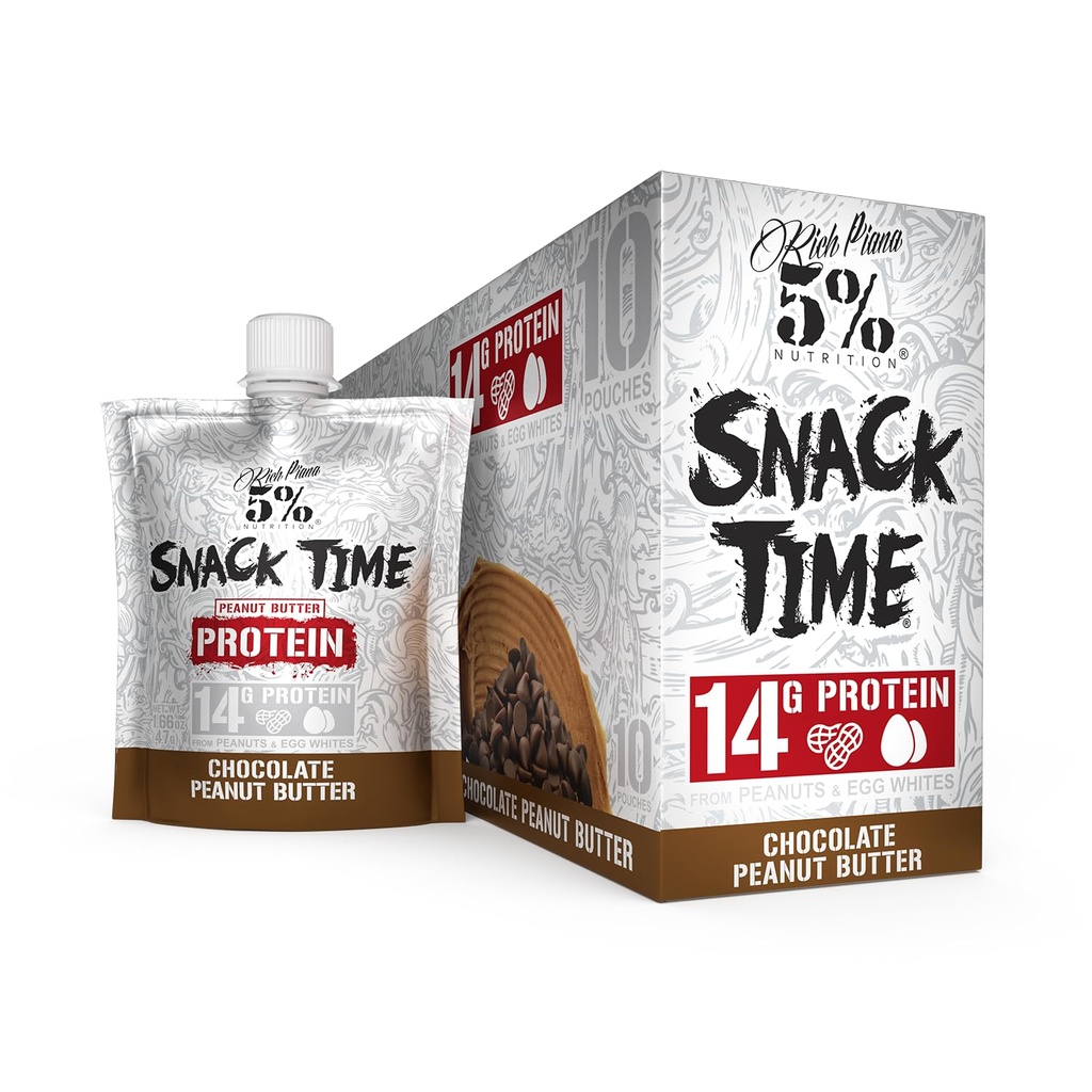 Rich Piana 5% Nutrición Snack Time ← Squeezable Protein Shots ¦ High Protein Snack Pouches ← Egg White Peanut Butter Protein Snacks ← 10-Count (Chocolate Peanut Butter)