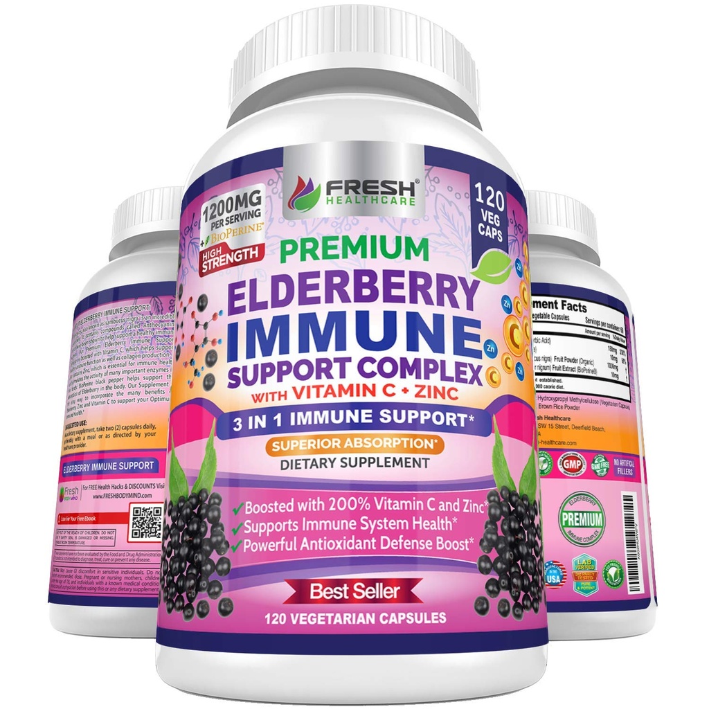 FRESH HEALTHCARE Elderberry Capsules - High Potency Black Elderberry with Zinc & Vitamin C - Premium 3-in-1 Immune Support Vitamins for Adults