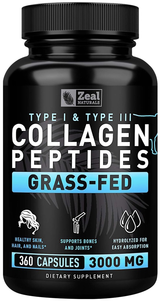 Zal Naturals Collagen Peptides Collagen Pills (360 Capsules) Grass Fed Collagen Pepetide Powder - Hidrolyzed Collagen Powder para el Suplemento de JointTendonHair Skin y uñas -