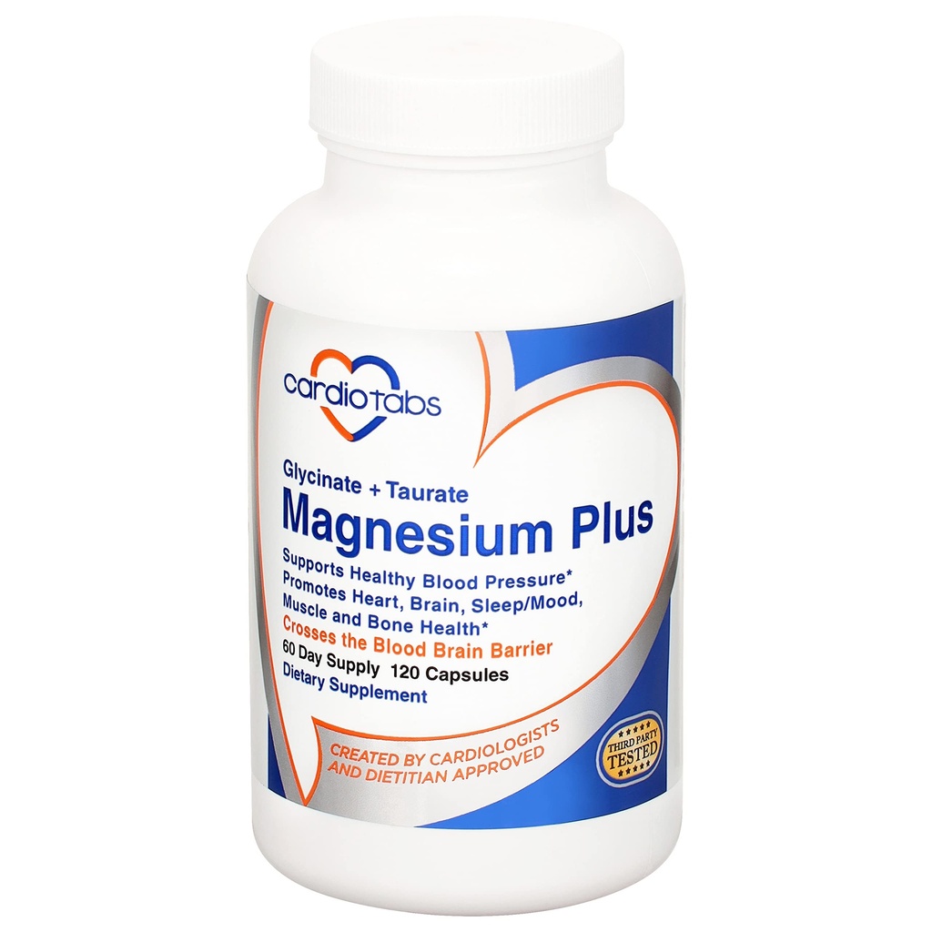 Magnesium Plus – 200 mg de Glycinate de Magnesio y Taurate de Magnesio para Presión de Sangre, Corazón, Cerebro, Apoyo a la Moda del sueño – Altamente concentrado y bien absorbido - 120 cápsulas