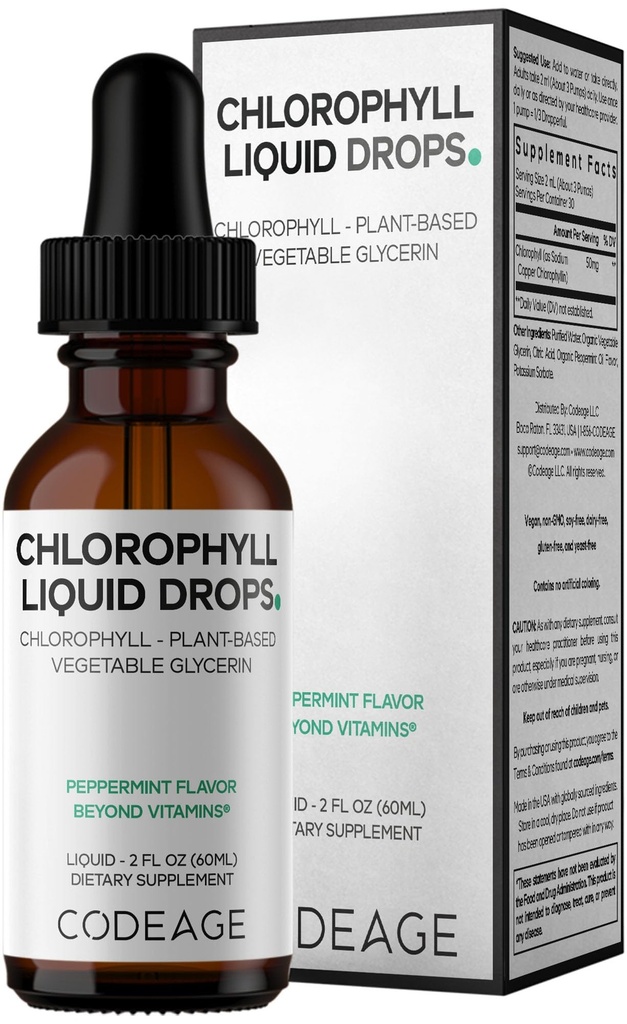 Codeage Chlorophyll Liquid Drops Supplement - Vegan Chlorophyll 50 mg por Serving, Organic Peppermint Flavor Clorofila Drink - Non-GMO, Gluten-Free, Vegan - 2 fl oz