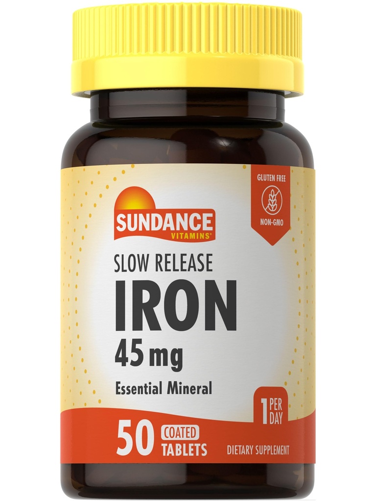 Sundance Iron 45mg Slow Release Pills ← 50 Tablets ← Essential Mineral Supplement Silencio Vegetarian, Non-GMO, y Gluten Free Formula