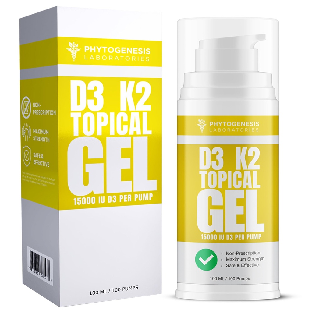 Vitamina D3 K2 Maximum Strength Gel Topical - 15000+ UI Por Bomba - La vitamina Sunshine - Soporta bonificación &amp; salud conjunta, soporte inmunológico - Suministro de un mes