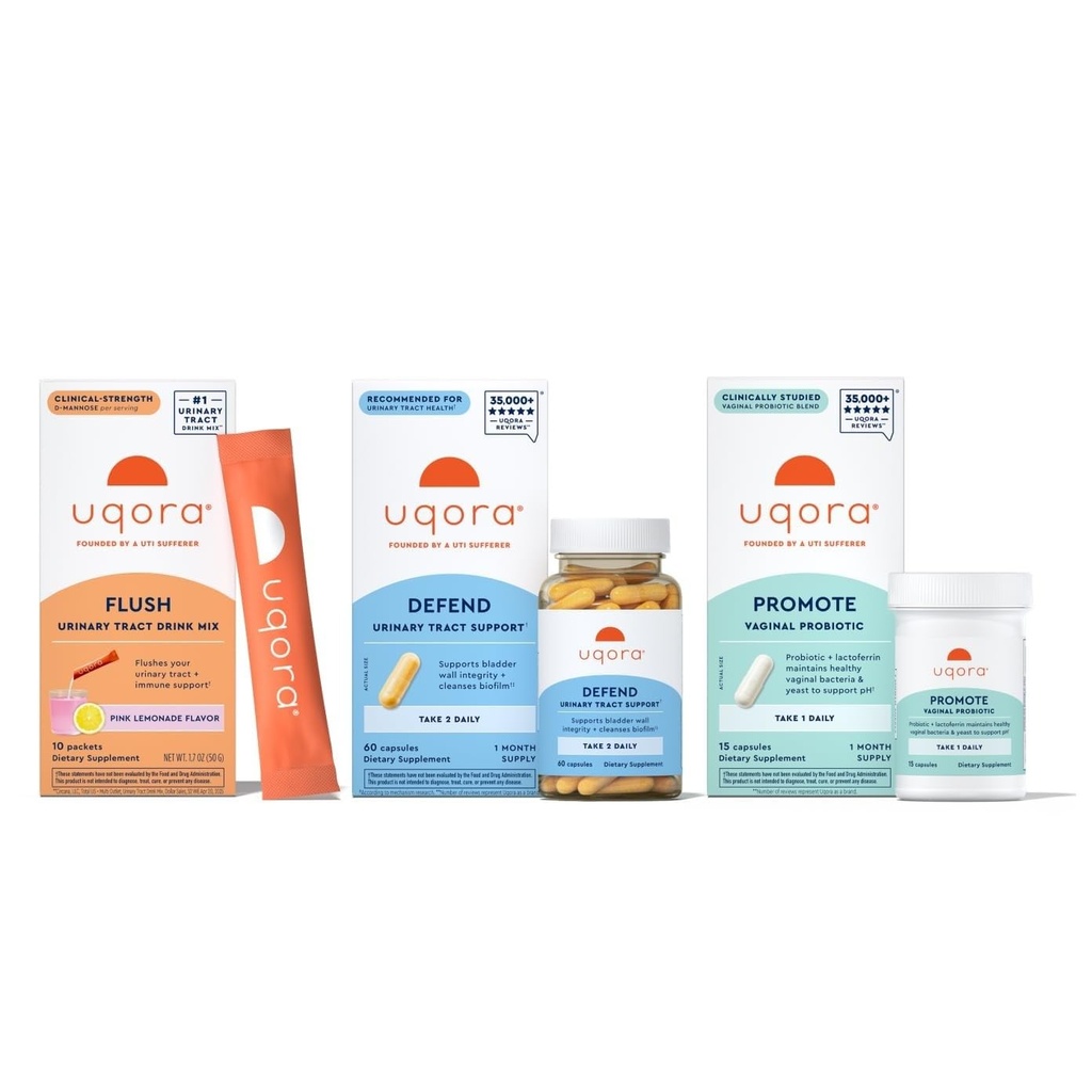 Regimen completo de Uqora con Flush, Defender " - Apoyo a la tract urinaria con D-Mannose, vitamina C, Green Tea Extract, Probiotics " More - Soporte integral de salud de la vejiga* - 3-Part Bundle