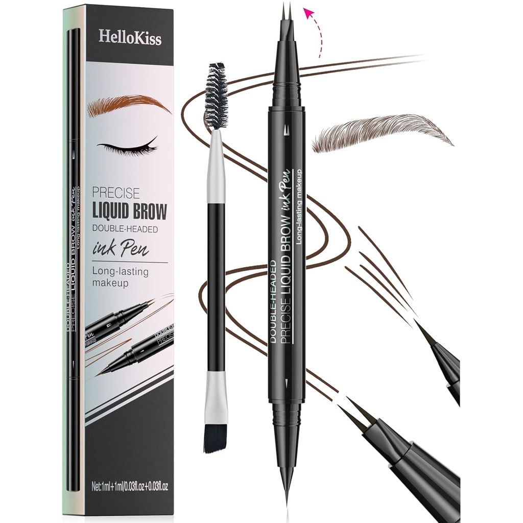 9708 Pena de ceja de doble punta, 2-en-1, con pincel de ceja. Waterproof and Sweat Proof,Precise Liquid Brow, 5 Shades, Long-Lasting (3#Dark Brown)