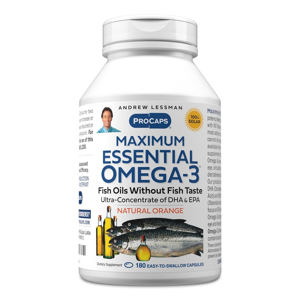 ANDREW LESSMAN Maximum Essential Omega-3 Orange - 180 Softgels - Ultra-Pure, Alta Potencia Omega-3 Aceites. High DHA, No Stomach Upset, No Contaminants, No Mercury. Pequeño fácil de absorber Softgels