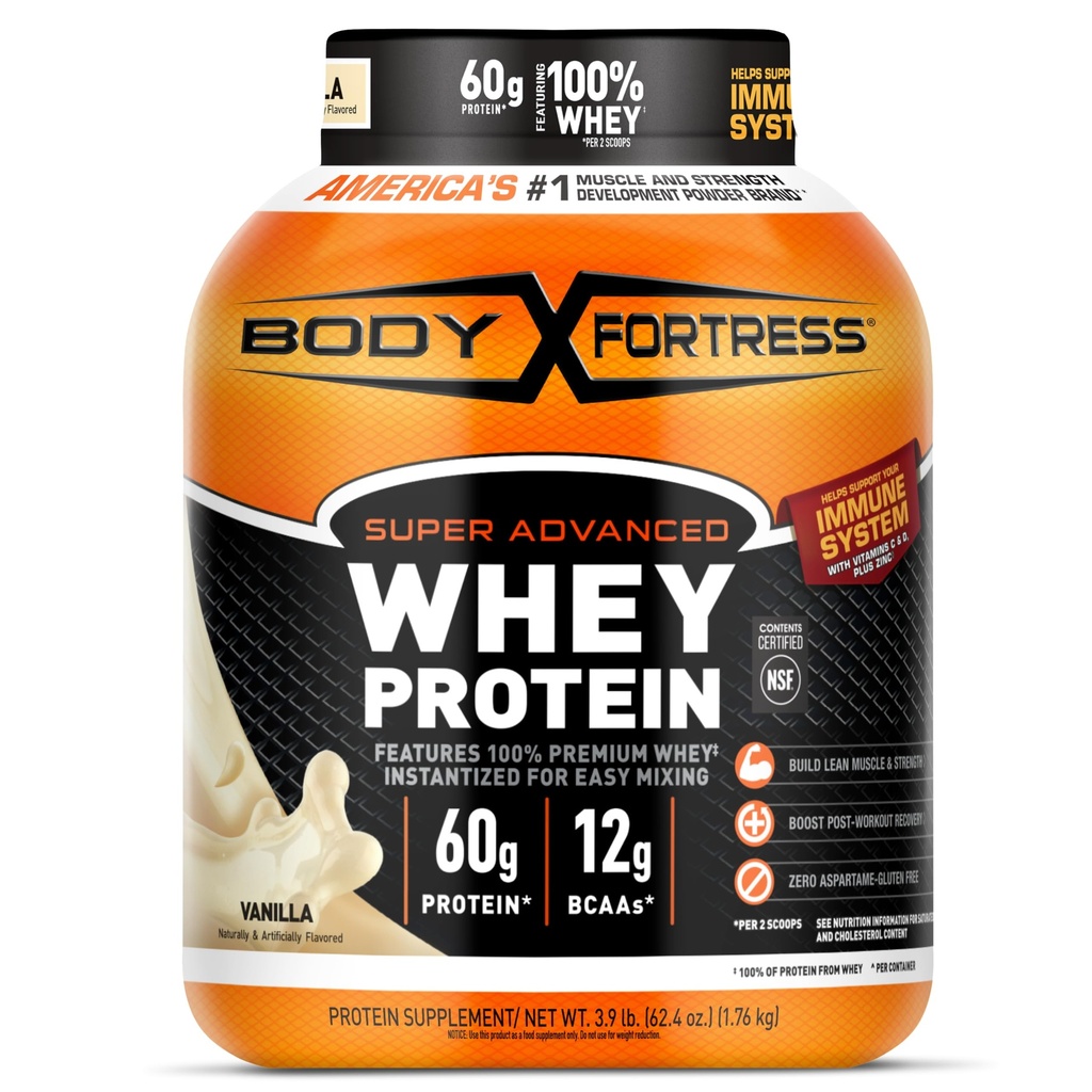 Fortaleza corporal Super Advanced Whey Protein Powder, Vainilla, Immune Support (1), Vitaminas C & D Plus Zinc, 3.9 lbs.
