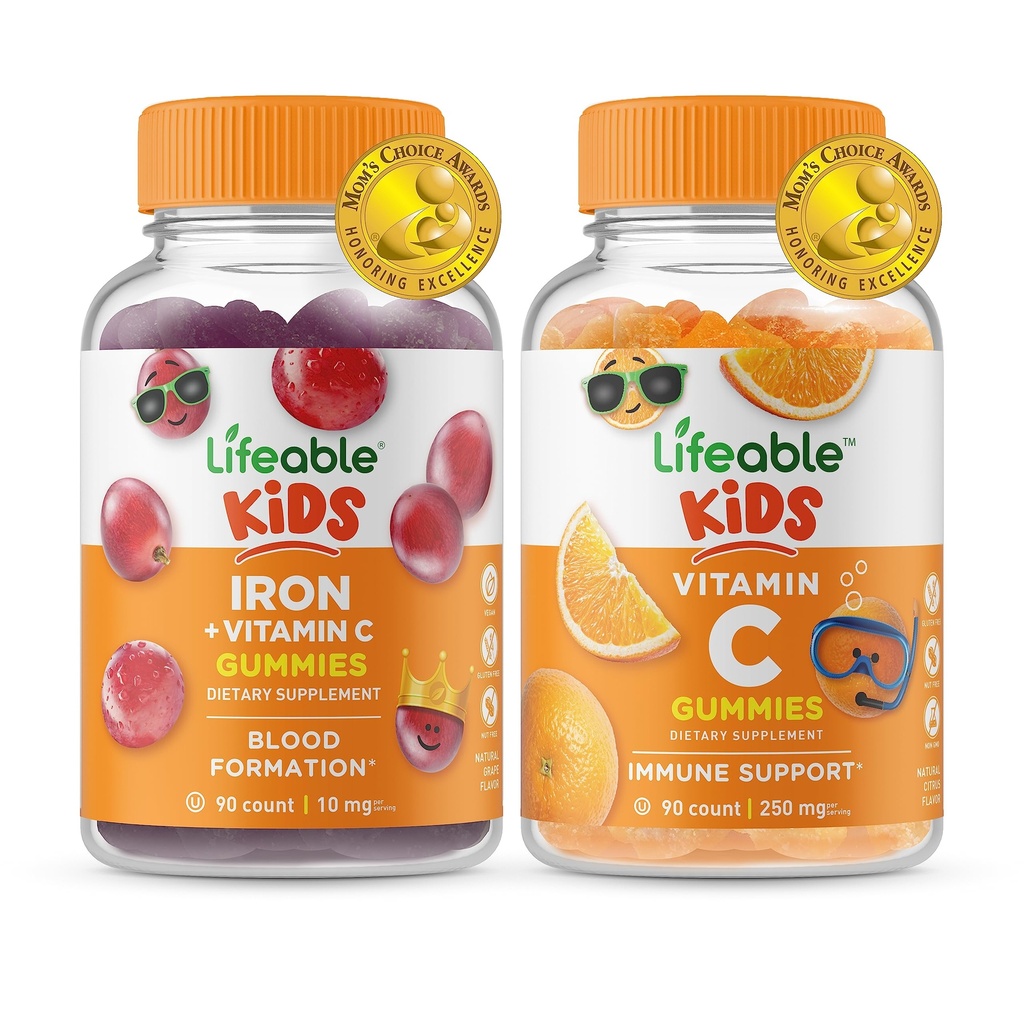 Hierro Lifeable &amp; Vitamina C Kids + Vitamina C Kids, Gummies Bundle - Gran Tasting, Suplemento de vitaminas, Gluten Free, GMO Free, Chewable Gummy
