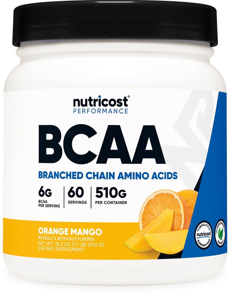 Nutricost BCAA Powder (Orange Mango, 60 Servings) - 2:1 Relación óptima, Gluten Free, Non-GMO, Vegetarian