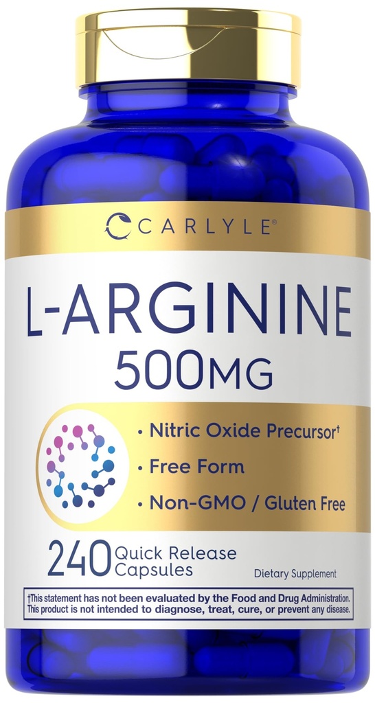 Carlyle L-Arginine 500 mg Capsules Silencio 240 Conde Silencio Nitric Oxid Precursor Silencio Forma libre Aminoácidos Silenciosos No GMO &amp; Gluten Suplemento gratuito