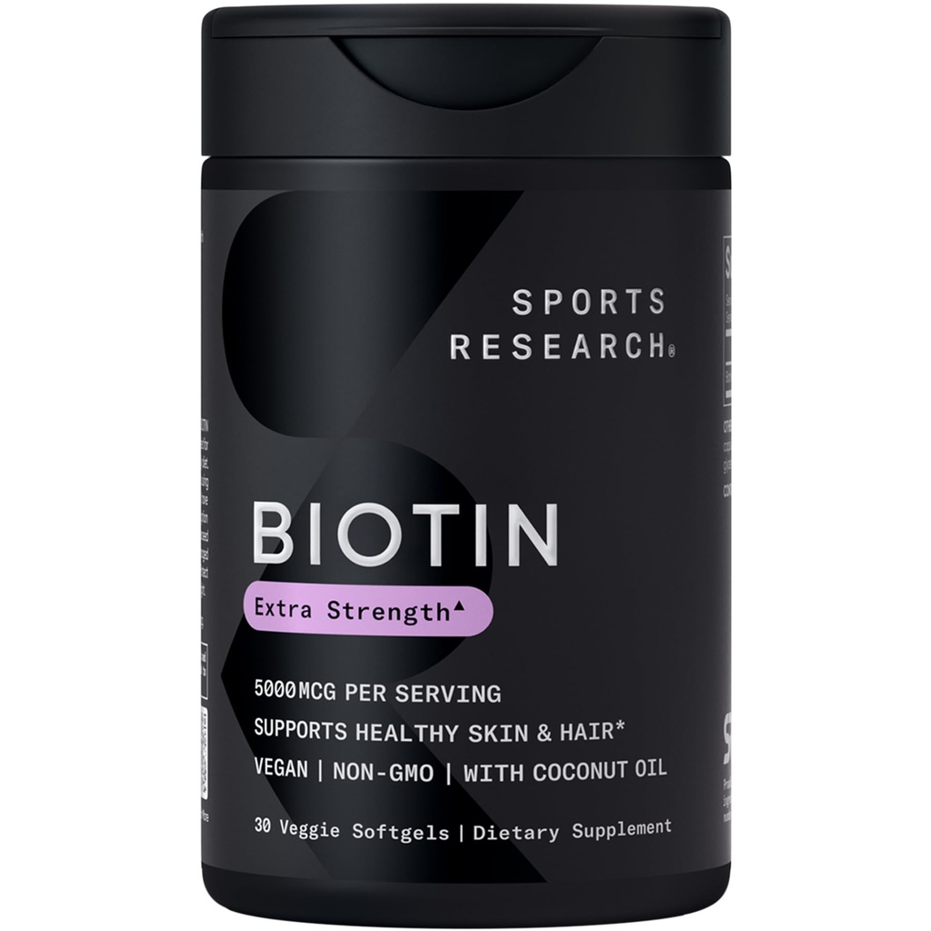 Sports Research® Biotin 5,000mcg with Organic Coconut Oil - Biotin (Vitamin B7) for Healthy Skin and Hair Support* - for Women and Men - Vegan, Non-GMO, Gluten & Soy-Free - 30 Veggie Softgels