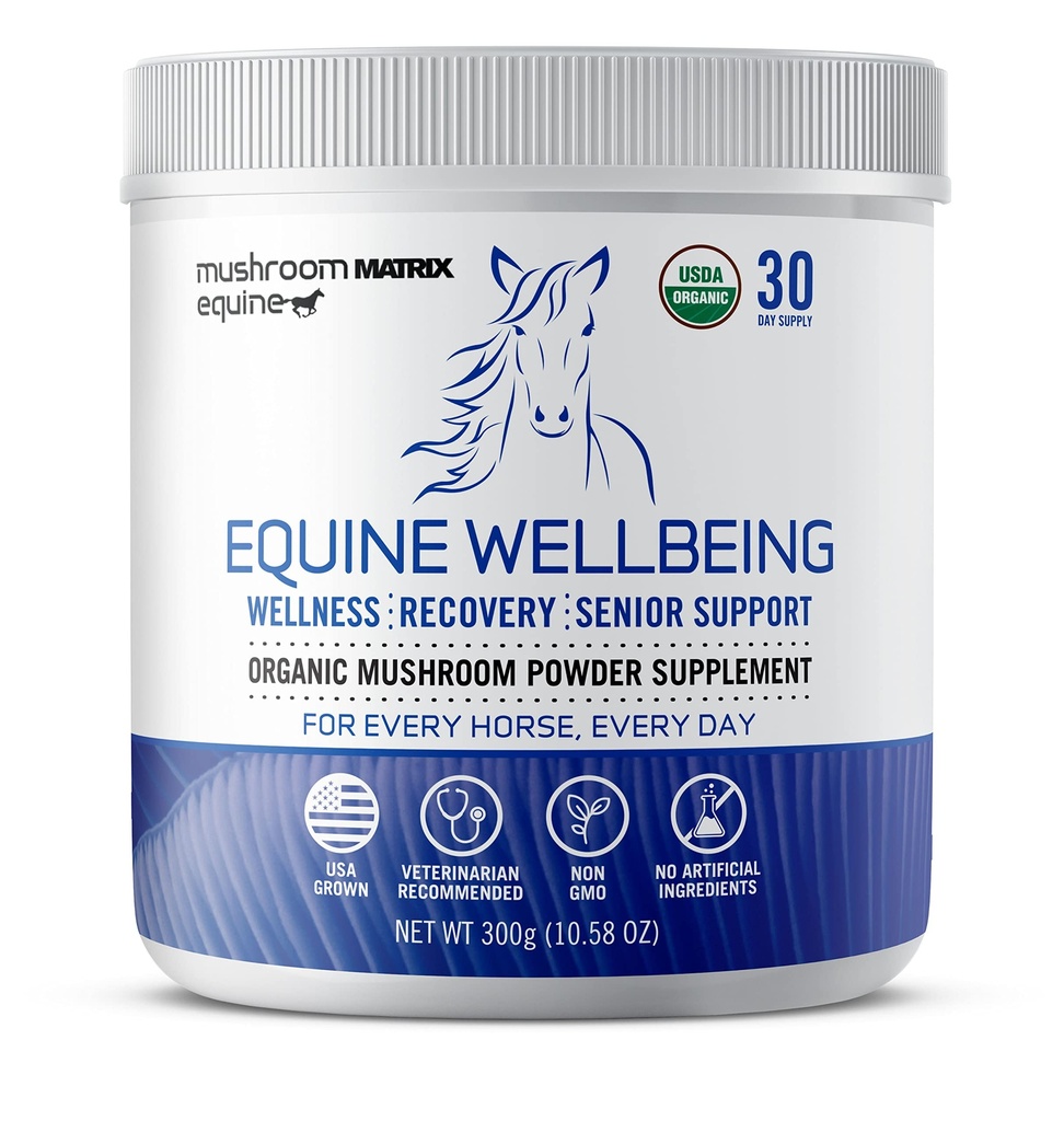 Om Mushroom Matrix - Equine ← Bienestar Silencio EE.UU. Grown Human-Grade Organic Mushroom Powder Show Safe Horse Supplement TEN Wellness, Recovery, " Senior Support  durable 300 Grams, 10.5 oz