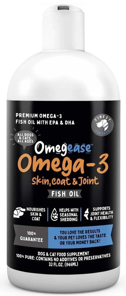 Omegease Fish Oil for Dogs & Cats - Finest for Pets Omega 3 for Cats & Dogs - Suplemento para la piel " Coat, picazón, cama, articulaciones " Immune Health - 100% Puro Omega Fish Oil con EPA " DHA (32 oz)