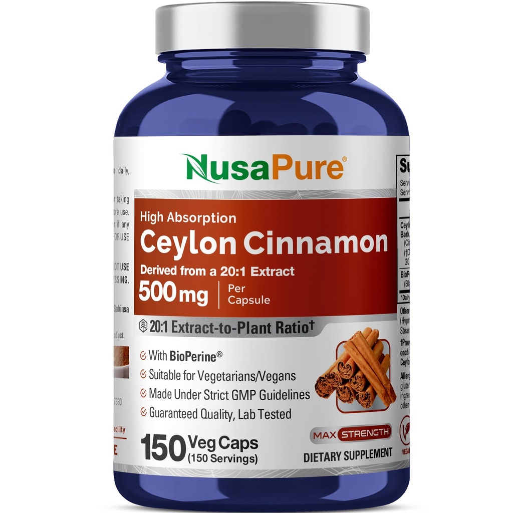 NusaPure Ceylon Cinnamon20:1 Extracto, 500 mg Equivalente a 10.000 mg Por Caps  150 Veggie Capsules ← Non-GMO, Vegan with Bioperine