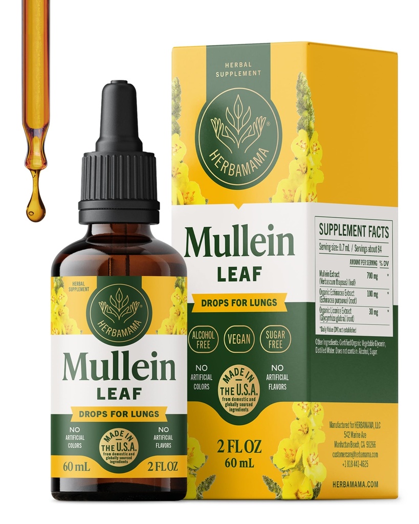 HERBAMAMA Mullein Drops for Lungs - Vegan Mullein Leaf Extract for Lungs Cleanse Support - Non-GMO, Alcohol &amp; Sugar-Free Respiratory Supplement, 28-Day Supply