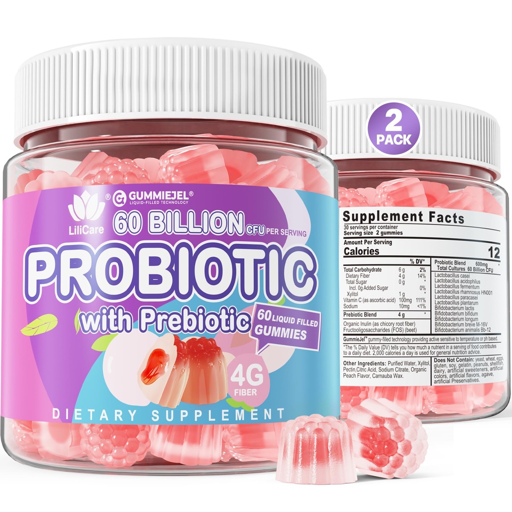 2Pack Probiótico + Prebióticos Gummies Azúcar Gratuito 60 Billones CFU, 11 Strains Probióticos Rellenados Gummies para Mujeres Hombre Salud Digestiva y Salud Gut, Apoyos Estreñimiento, Diarrea, Gas &amp; Bloating