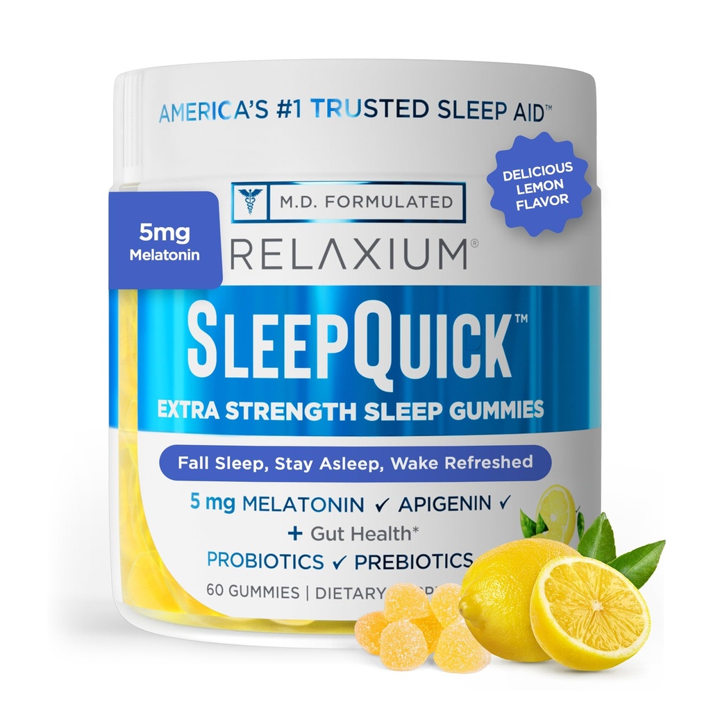 Relaxium Sleep Quick Gummy, Sleep Aid Support, 5 mg Melatonin, Vitamina D-3, Prebiotic &amp; Probiotic Blend, Gluten & Drug Free, Lemon Flavor, 60 Gummies
