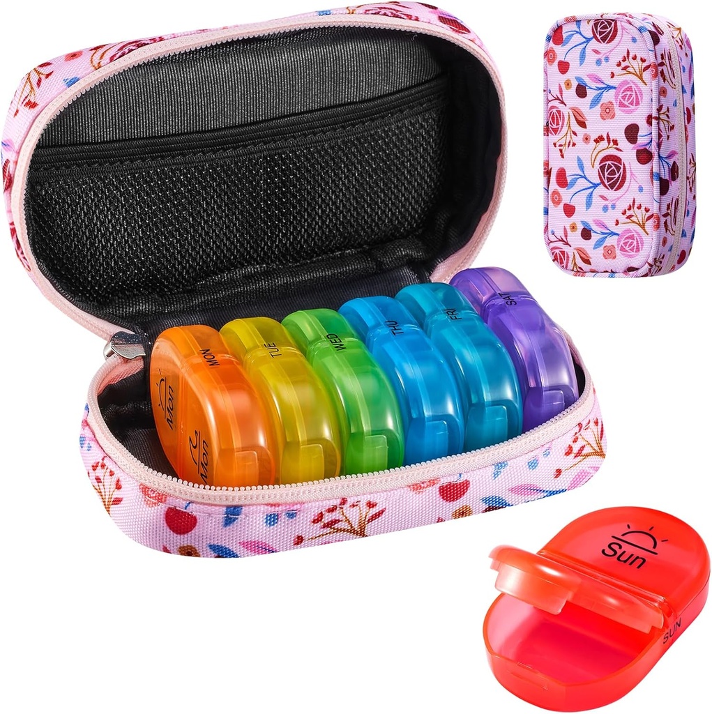 Serfeymi Organizador semanal de píldoras de viaje 2 veces al día AM Upgraded Rainbow Pill Box 7 Day with Portable Zipper Canvas Pill Case, Medicine Organizer for Pills, Vitamins, Fish Oils - Pink 01