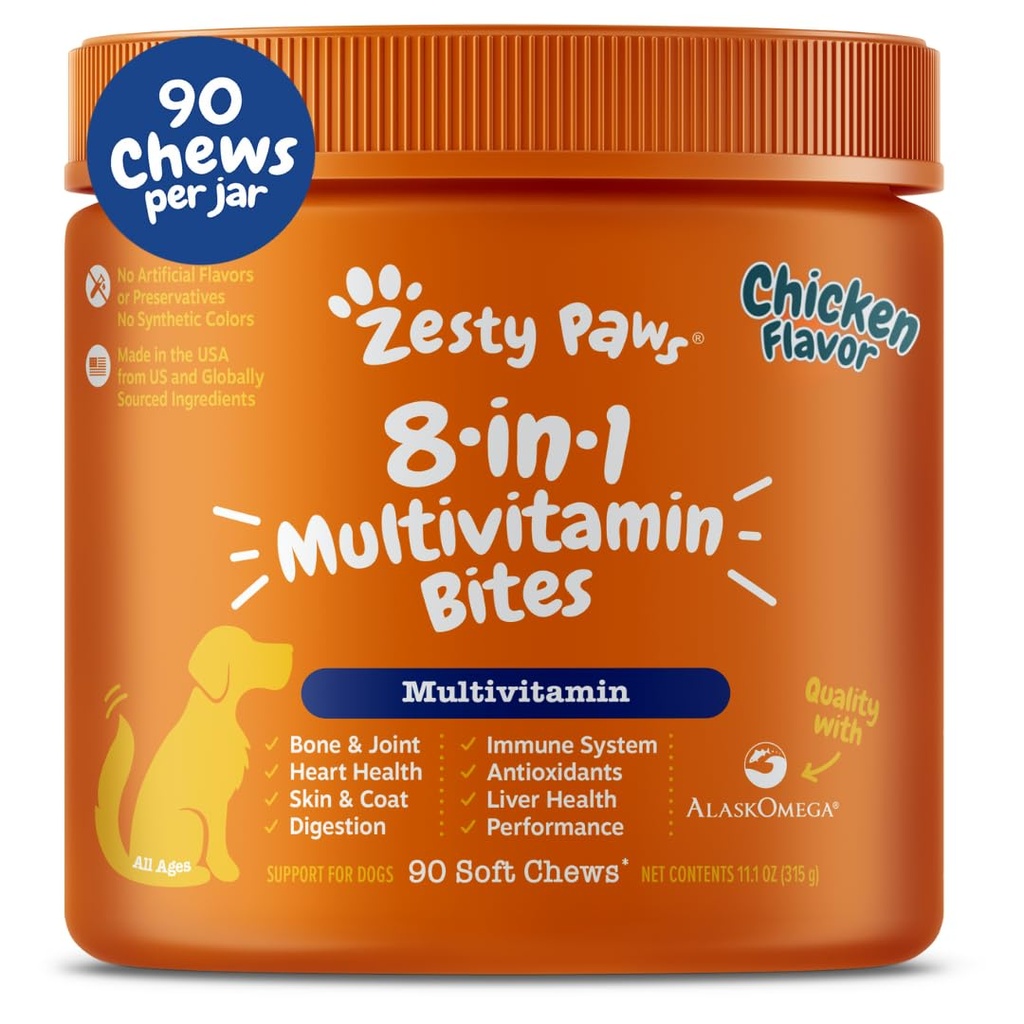 Zesty Paws Dog Multivitamin, Chewable Dog Vitamins and Supplements for Hip " Joints, Skin " Coat, Omega 3 Fish Oil for Dogs- Senior " Puppy Multivitamin- Chicken- 90ct