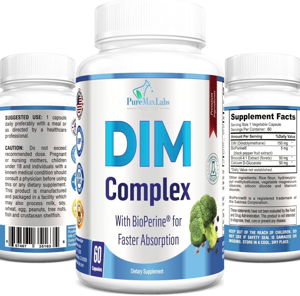 Suplemento DIM – 150 mg DIM (diindolylmetano), Broccoli, Calcio D-Glucarate " Bioperine - Balance hormonal para hombres " Mujeres, Estrógeno, Balance de la menopausia - 60 cápsulas