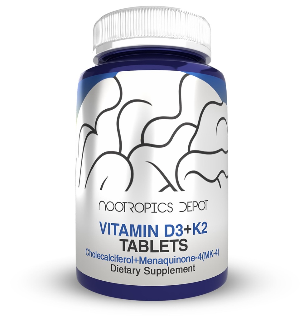 Nootropics Depot Vitamina D3 + K2 con Vitamina C Tablets tención 60 Conteo ← Cholecalciferol + Menaquinone-4 (MK-4) Silencio Mood, & Bone Health ← Salud saludable Calcium Aborption