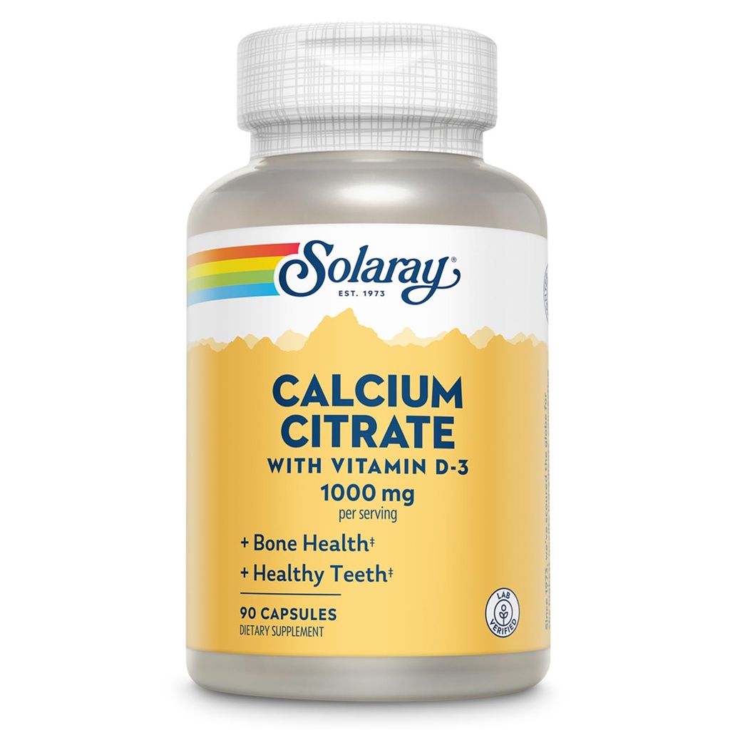 Citrato de Calcio Solaray con Vitamina D3 1000mg - Fuerza de Bone y Soporte de dientes saludables - Digestión suave Fórmula - Lab Garantía verificada de 60 días - 15 Serviciones, 90 cápsulas