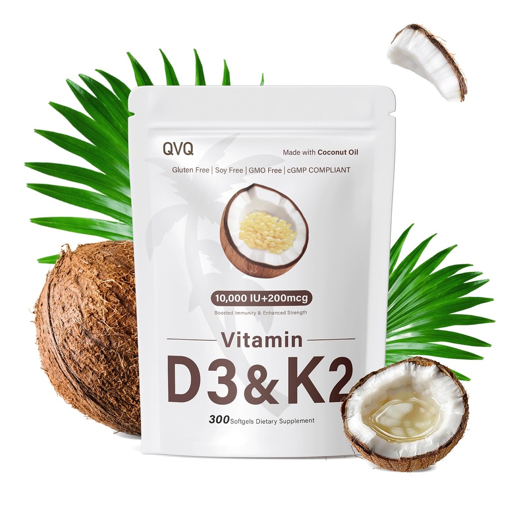 300 Pcs 2 en 1 Vitamina D3 10000 iu Plus K2 (MK-7) 200 mcg Aceite de coco virgen Softgels con vitaminas D &amp; K Soporta Absorción de calcio, bonificación, inmune, " Salud cardíaca: fácil de absorber