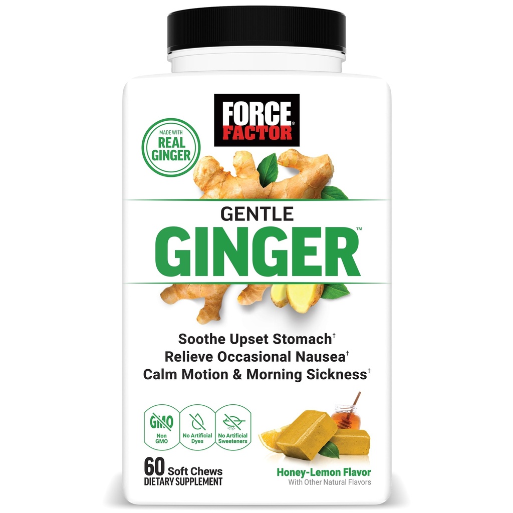 FACTOR DE FUERZA MÁS GÉLICA Pídricos para Alivio de Nausea, Enfermedad de Moción, y Enfermedad de la Mañana, Suplemento de jengibre con vitamina B6 para soporte digestivo, No GMO, Sabor de jengibre de miel, 60 Píldoras suaves