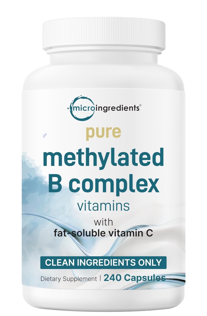 Micro Ingredientes Complejo B puramente metilado, 240 cápsulas TENIDO 11-en-1 Fórmula con B12, Thiamin, Folate, Inositol, Choline &amp; Vitamina C TEN soporta Energía, Mood &amp; Nerve Health TEN Filler Free, Non-GMO