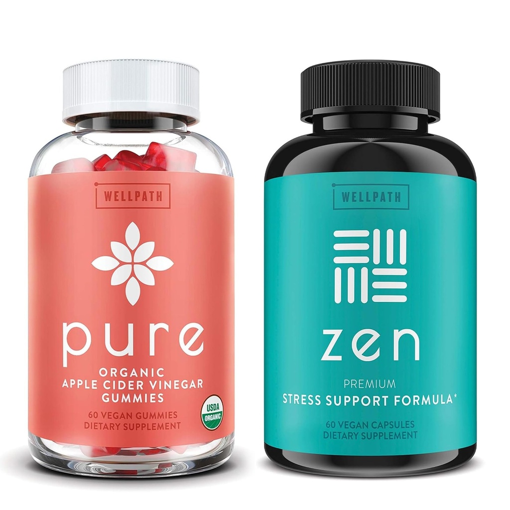 WellPath Pure Apple Cider Vinegar con Mother Gummies & Zen Mood Support Suplementos Bundle - Detox &amp; Calm Energy Combination, Vegan, 60 Cts Cada