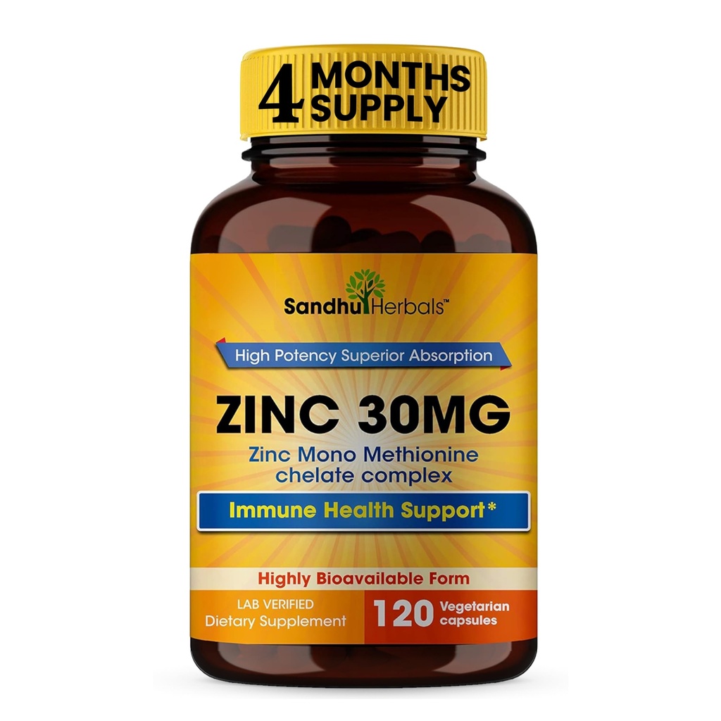 SANDHUHERBALS Zinc 30mg Cápsulas para Hombres &amp; Mujeres TENIDO 120 Conde (Pack of 1) TEN Zinc Suplementos para Immune &amp; Antioxidante Apoyo TEN Zink 30 mg Suplementos Apoyos Skin Health