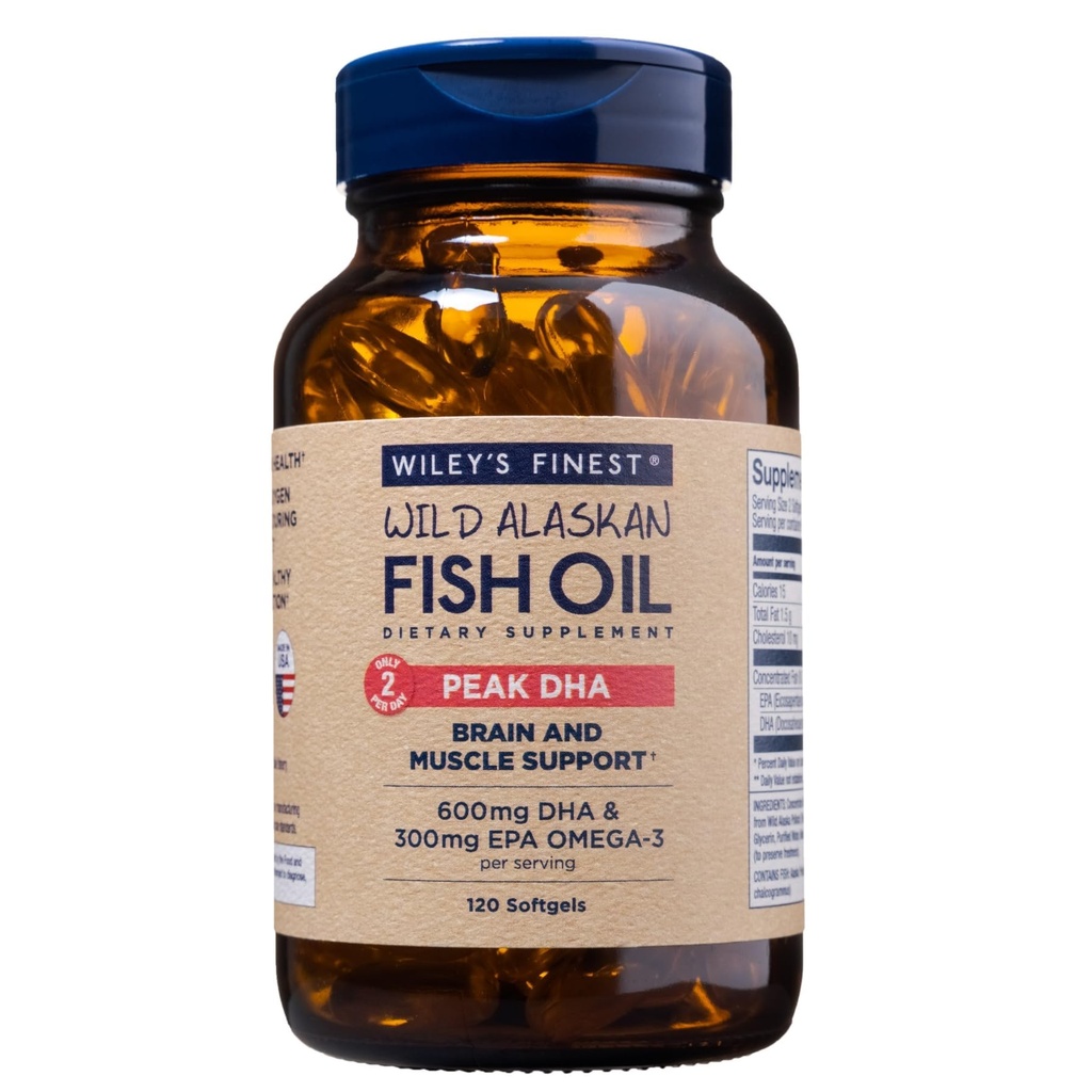 Wiley's Finest Wild Alaskan Fish Oil Peak DHA - 900mg EPA y DHA Omega-3s - 120 Softgels (60 Servings)