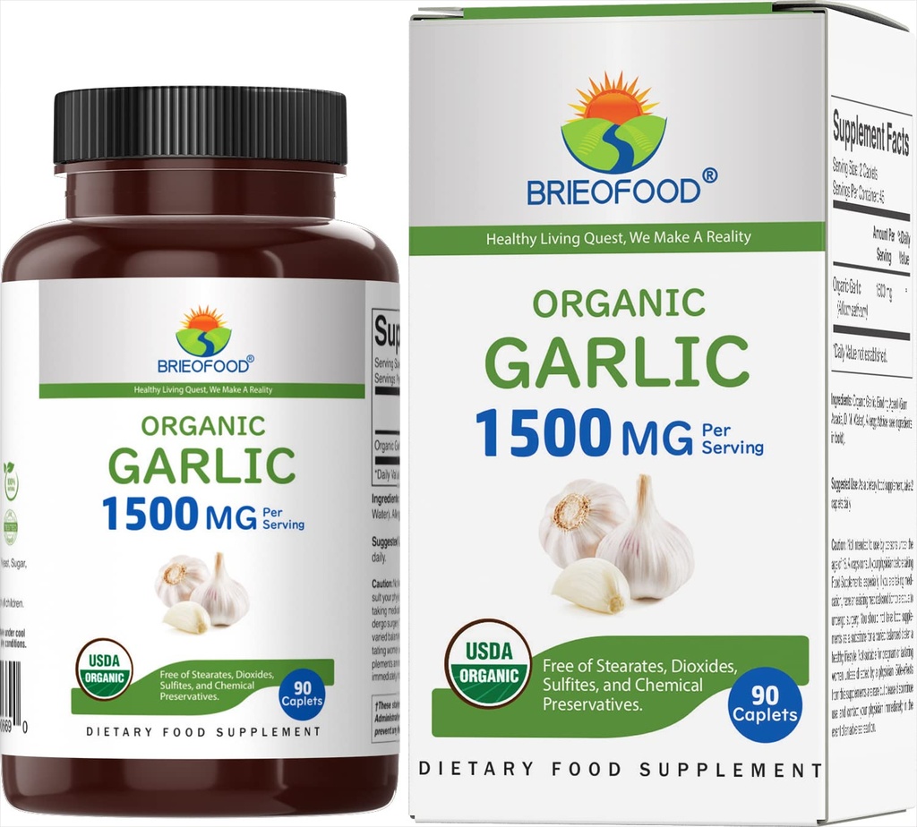 Brieofood Ajo Orgánico 1500mg, 45 Servimientos, Vegetariano, Gluten Gratis, 90 Tabletas Vegetarianas