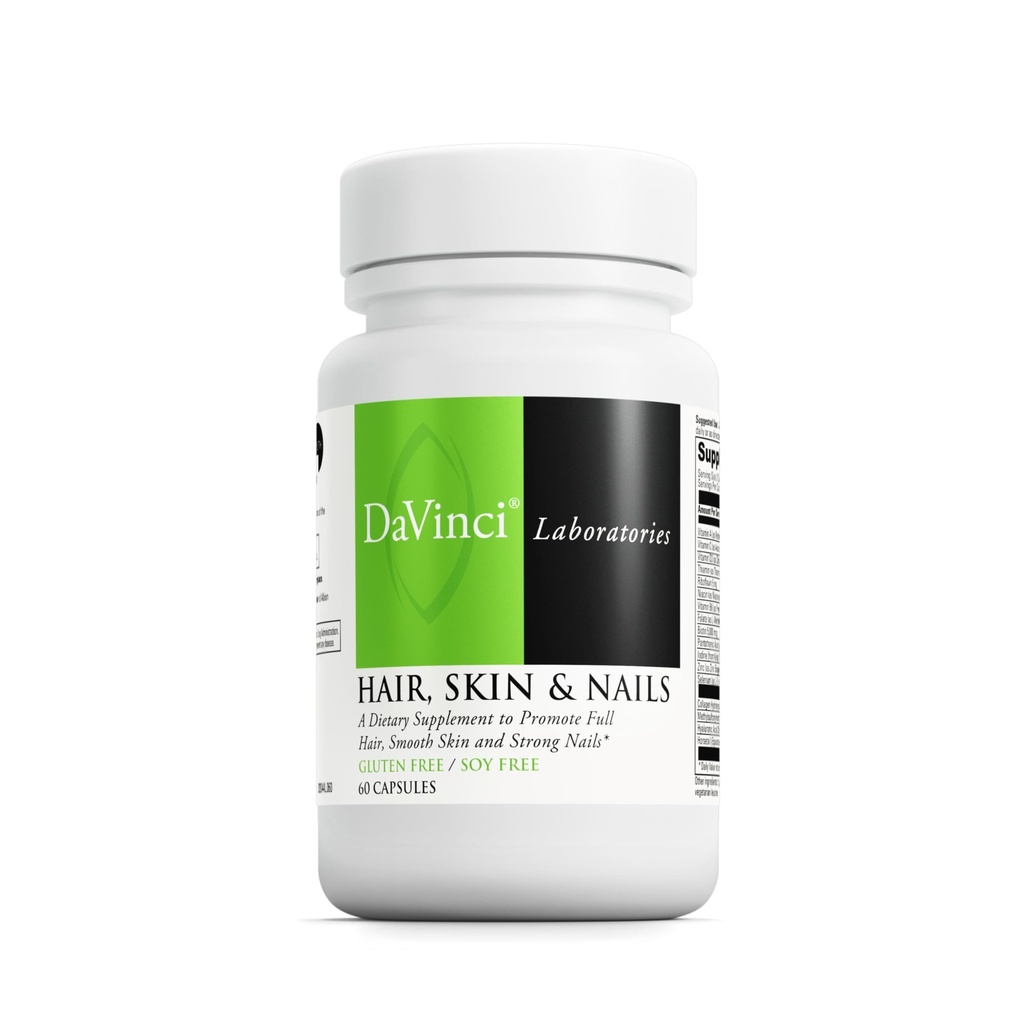 DaVinci Labs Hair, Skin & Nails - Suplemento dietético de apoyo Smooth, Healthy Skin, Strong Nails and Hair Health* - Con vitamina C y D3, Minerales, Biotina, Zinc y Más - Sin gluten - 60 cápsulas