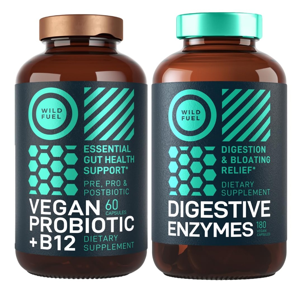 Enzimas digestivas con Probióticos y Prebióticos y Vegan Probiótico Plus B12 Enhanced Digestive and Gut Health Bundle