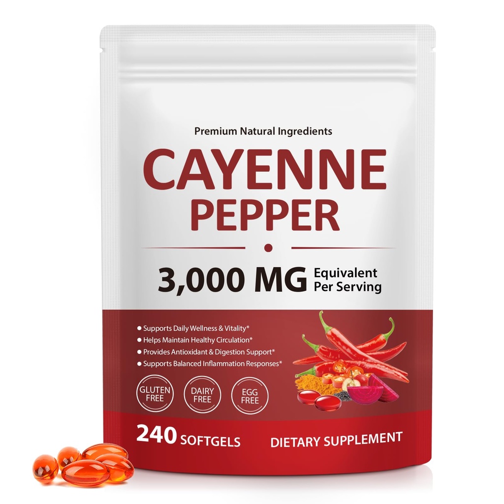 Cayenne Pepper Softgels Supplement 3000 mg , Cayenne Pepper Capsules with Vitamin D3 K2 & E, Grape Seed Extracts, Supports Healthy Blood Circulation, Antioxidant & Digestion Support, 240 Softgels