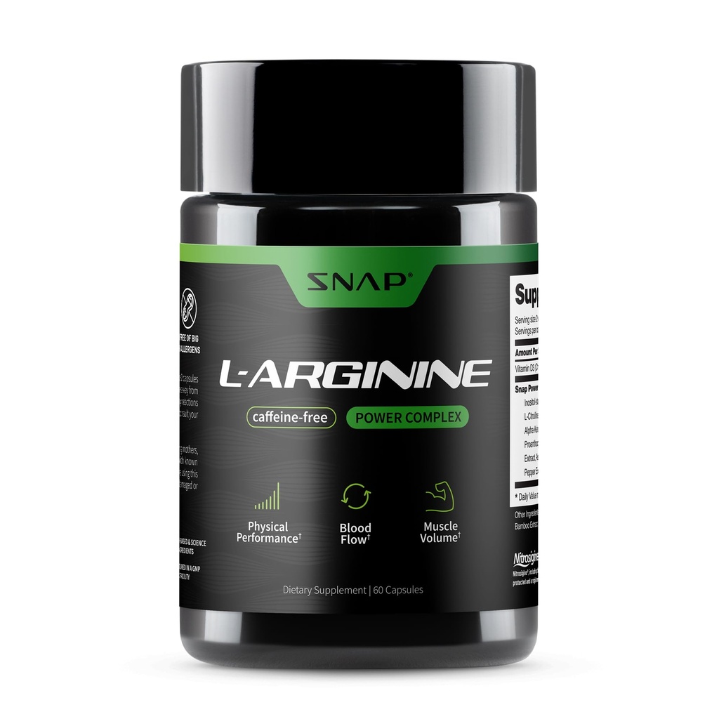 Snap Supplements L Arginine Capsules - Supports Natural Energy, increased Blood Flow & Muscle Growth and Cardio Health, 60 Vegetarian Capsules (30 Servings, 1 Month Supply)