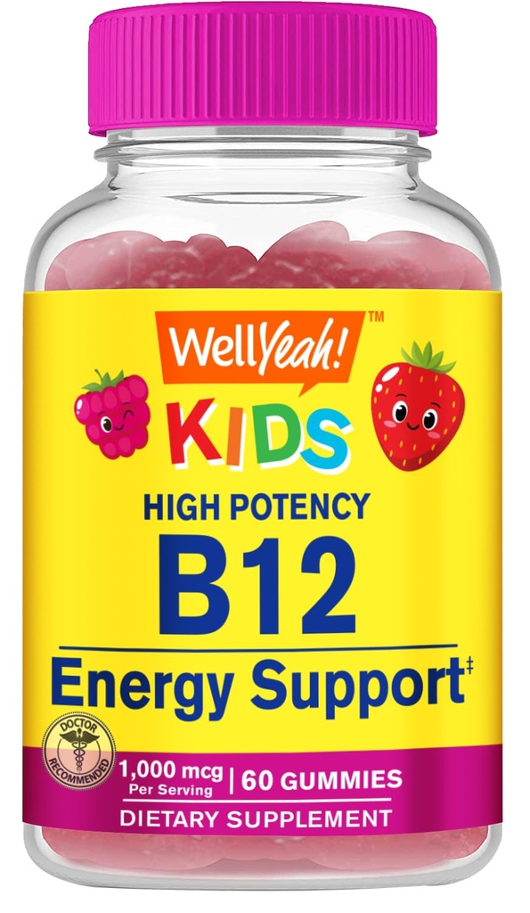 WellSí Vitamina B12 Gummies para niños - Energía de aumento, mejorar la función cerebral y fortalecer el sistema inmunológico - Sin gluten, libre de gluten - Gran sabor de baya de Cata - Fácil de Chew - 60 Gummies