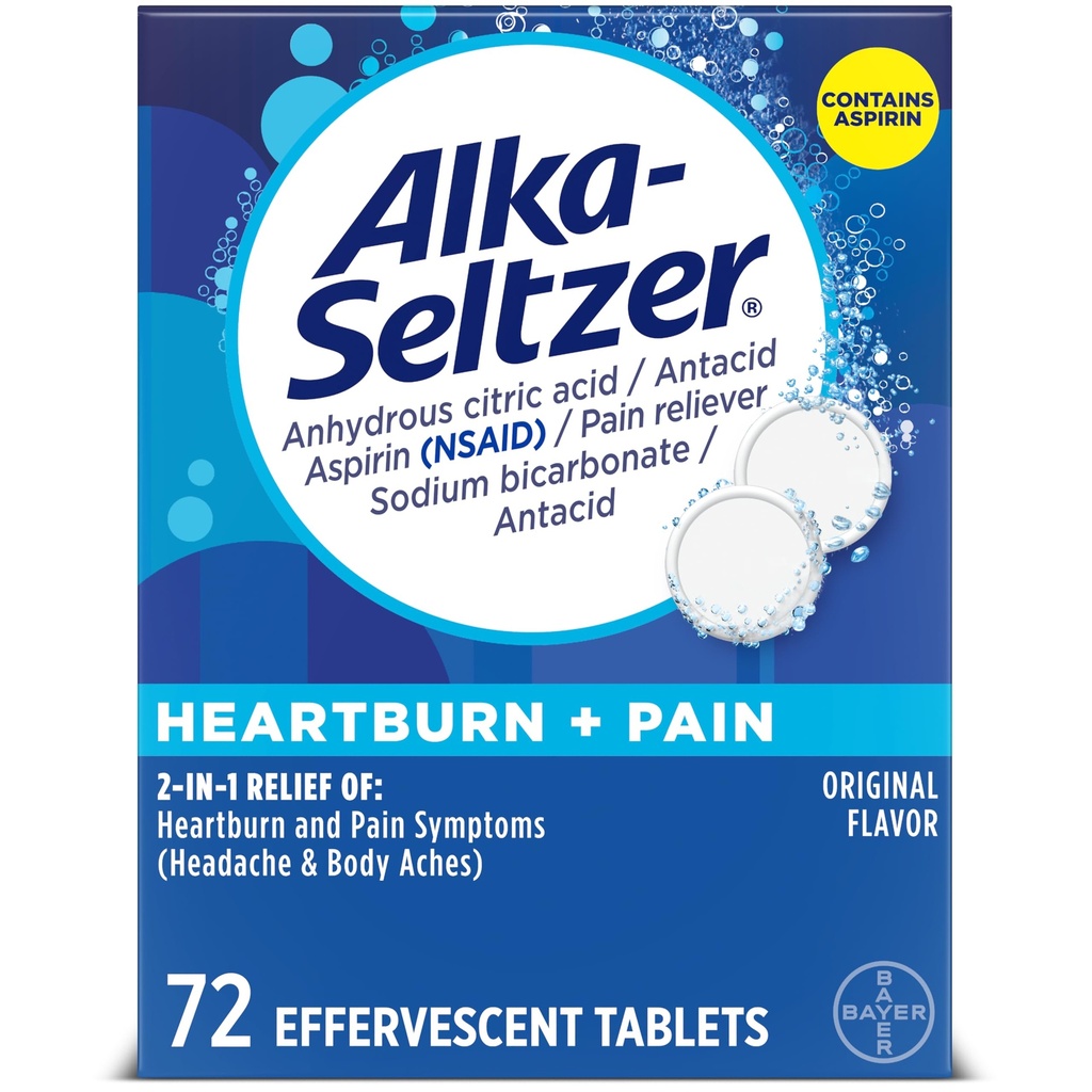 Alka-Seltzer Heartburn + Dolor Efervescente Aspirina + Tabletas de ácido, Rescate rápido de acidez y alivio de la indigestión ácido, Alivio del dolor con aspirina, 72 Ct
