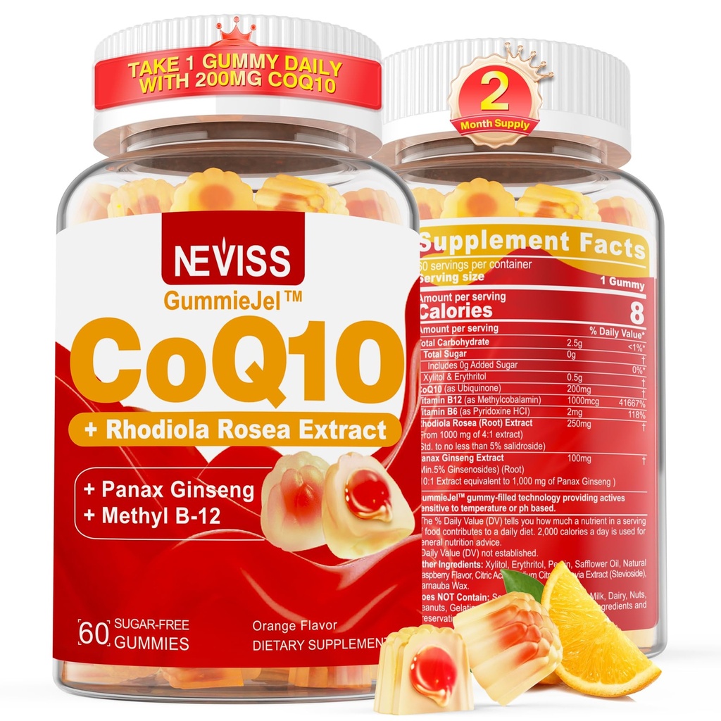 Sugar Free CoQ10-200mg 400mg Gummies llenas - 2 Meses de suministro - w/ Vitamina B12 1000mcg, Rhodiola Rosea & Panax Ginseng, B6, Coenzyme Q10 Suplemento para Hear-t, Energía, Antioxidante, Ultra Absorción