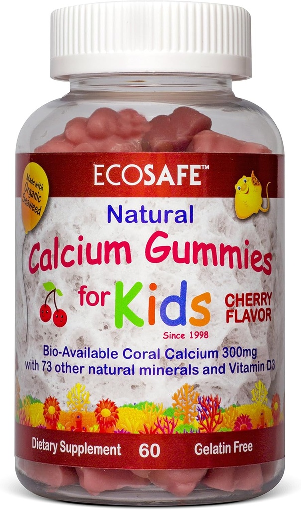 ECO SAFE Coral Calcium Vitamin D3 Kids Gummy, Natural Cherry Flavor, Non GMO, Gluten-Free, Dairy-Free, Soy-Free y Gelatin Gratis - 300 mg de Calcio, y 800 UI de Vitamina D3-60 Gummies (2 Pack)