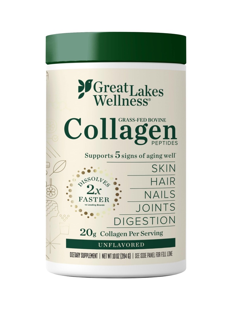 Grandes Lagos Wellness Collagen Peptides Polvo para la piel, el pelo, uñas, juntas " Digestión - Desarrollado - Quick Dissolve Hidrolyzed, Non-GMO, Keto, Kosher - 10 oz