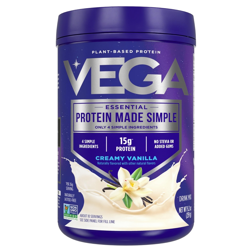 Vega Protein Made Simple Protein Powder, Vainilla - Stevia Gratis, Vegan, Planta Basada, Saludable, Gluten Gratis, Pea Protein for Women and Men, 9.2 oz (Packaging May Vary)