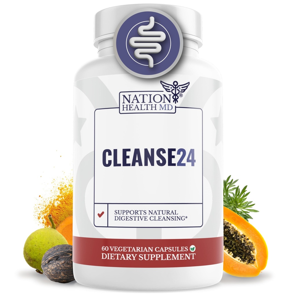 Cleanse24 - Limpieza intestinal para humanos con madera de gusano, papaya, nuez negra - limpieza herbal intestinal, limpieza de gotas para hombres &amp; mujeres, 60 cápsulas