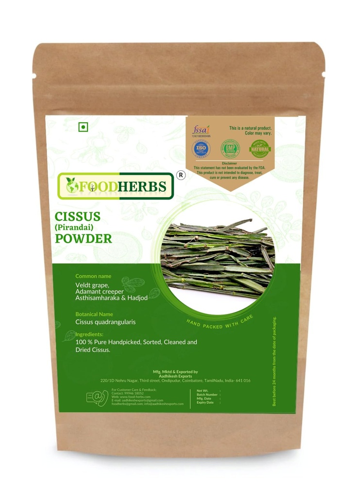 Foodherbs Cissus Quadrangularis Powder ← 200 GMS / 0.44 Lbs  for Bone Wellness ← Hadjod ← Pirandai ← Veldt Grape ← Adamant Creeper