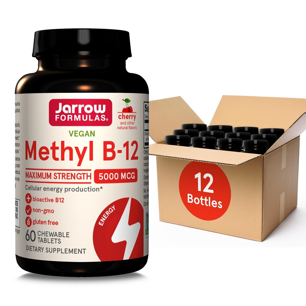 Jarrow Fórmulas Máxima Fuerza Metil B-12 5000 mcg, Suplemento dietético para producción de energía celular y apoyo a la salud cerebral, 60 tabletas Chewable con sabor a cereza, 60 Day Supply, Pack de 12