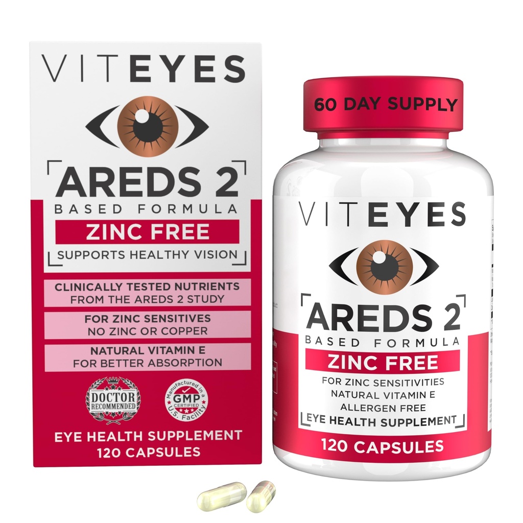 Viteyes AREDS 2 Zinc Free Macular Support, Natural Allergen Free Capsules with Vitamin E, Vitamina C, Lutein & Zeaxanthin, No Zinc, No Copper, Eye Doctor Trusted, Manufactured in The USA, 120 Ct