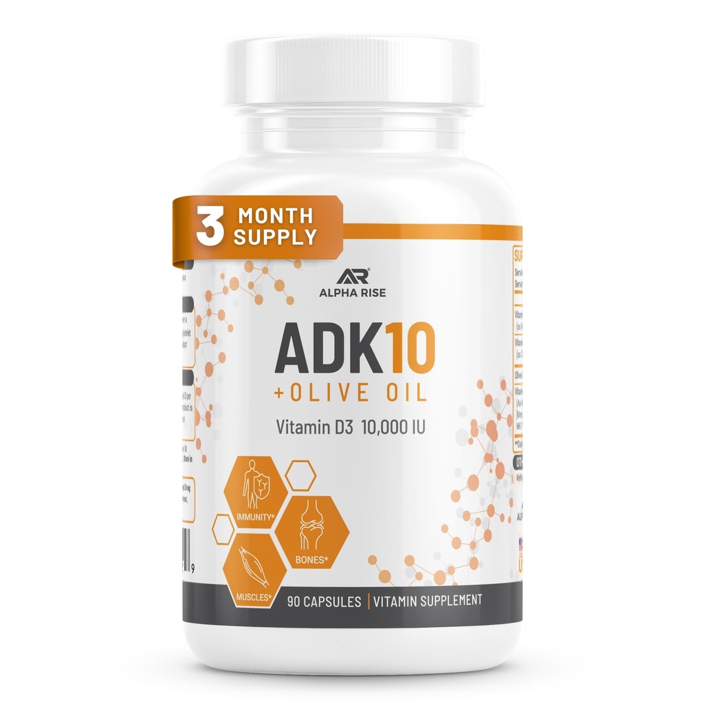 ADK 10 Suplemento de vitaminas + aceite de oliva para una mejor absorción - con vitaminas A + D3 (10.000 iu) + K2 (MK7+MK4) - 90 cápsulas - Vegetariano - No GMO